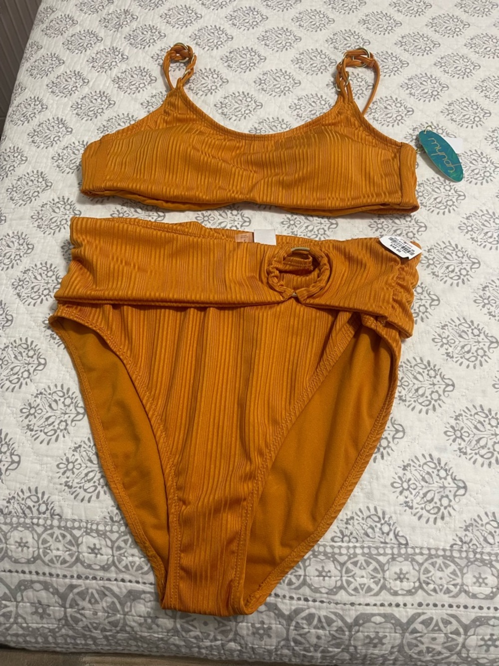 High-Waist Ribbed Bikini Set in Mustard Orange